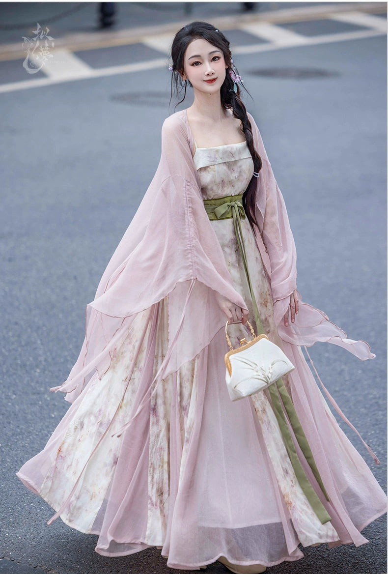 Pink Chinese style Han element dress big pendulum fish tail tattered sleeve fairy energy spring and summer suit