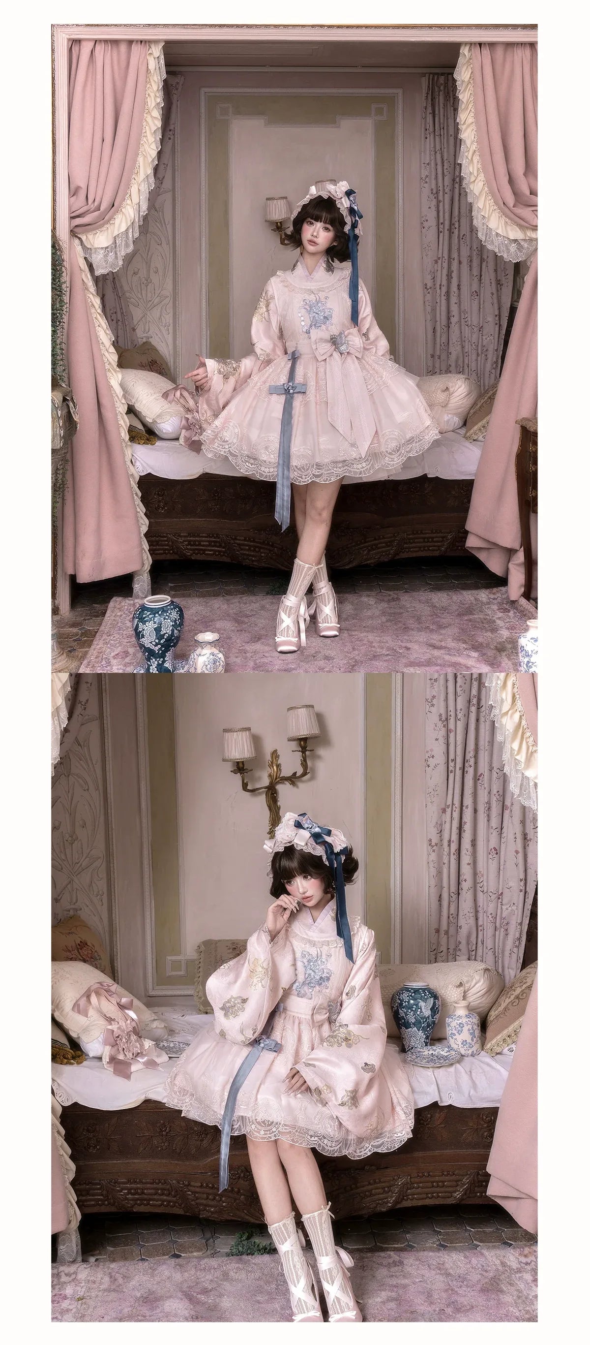 East-Meets-West Pink Two-Piece Set | Romance Embroidered Hanfu Blouse & Over Skirt - Yandan_Hanfu