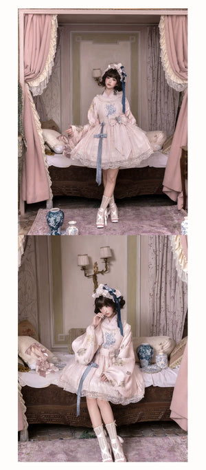 East-Meets-West Pink Two-Piece Set | Romance Embroidered Hanfu Blouse & Over Skirt - Yandan_Hanfu