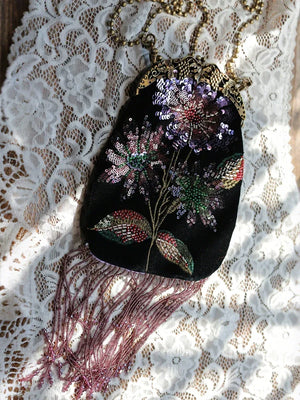 Embroidered Butterflies Black Bag | Canvas Crossbody with Beaded Chain - Yandan_Hanfu