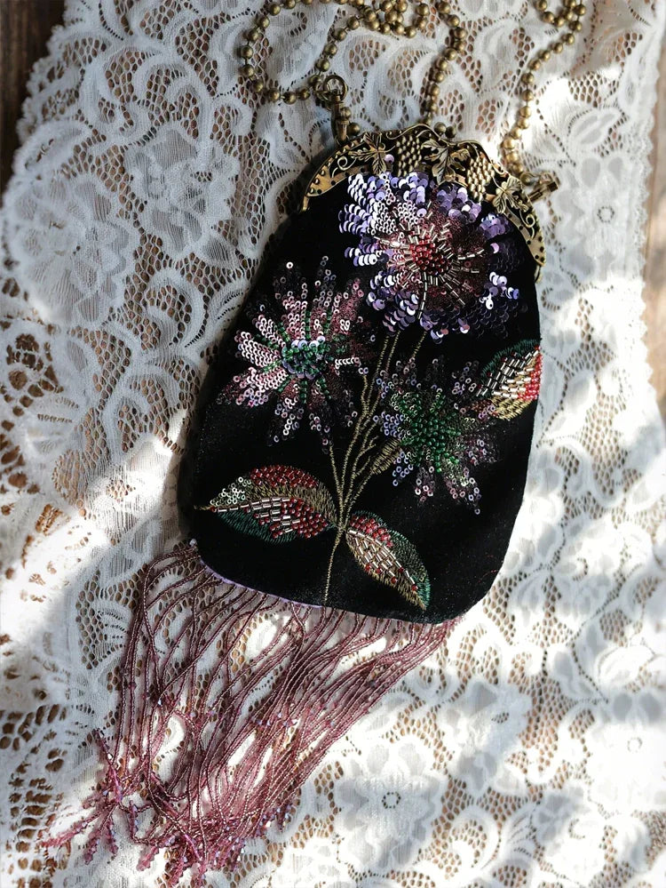 Embroidered Butterflies Black Bag | Canvas Crossbody with Beaded Chain - Yandan_Hanfu