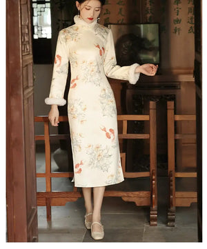 Elegant 2-piece cheongsam featuring a casual cheongsam style and A-line silhouette. This cheongsam casual design includes a vibrant cheongsam yellow halter neckline and flowing cheongsam skirt, making it ideal for weddings, evening events, or everyday wear. Crafted from premium cheongsam cotton and breathable cheongsam fabric, this long cheongsam dress offers both comfort and sophistication.