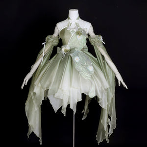 Mannequin display of Flower Marriage Green Lolita Dress showing full front view with butterfly and floral embroidery.