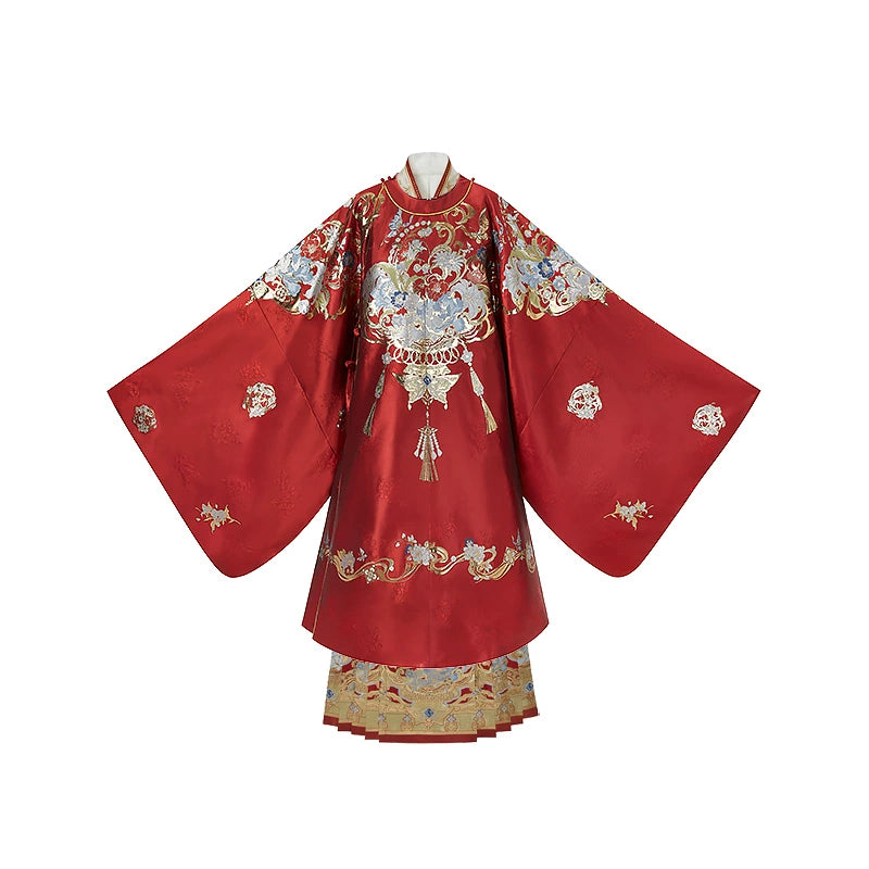 Cloud Hidden Moon Embroidery-Gilt Ming-Dynasty Flower Crew Neck Robe Wedding Clothing Hanfu Women's Spring