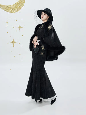 Black cape and fishtail qipao standing view