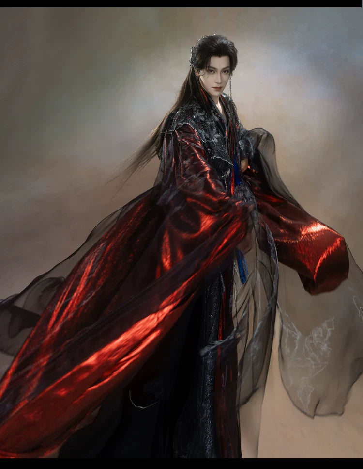 Black and red layered wuxia robe outfit — worn garment view 15