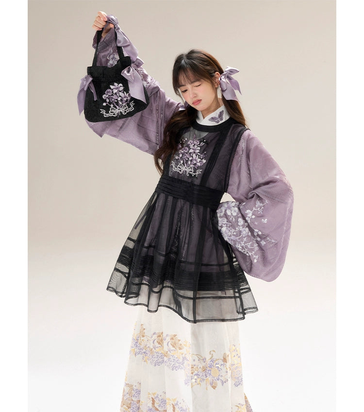 [Flower Mist] Pipa Sleeve Crossneck Shirt Ming Hanfu Women's Black Skirt Horse Skirt Set