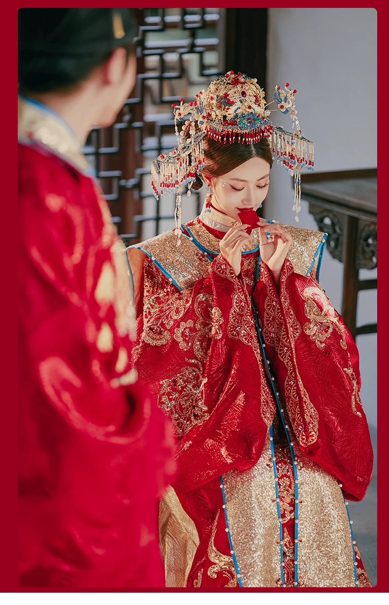 Red and gold Ming-style Chinese wedding Hanfu couple outfit