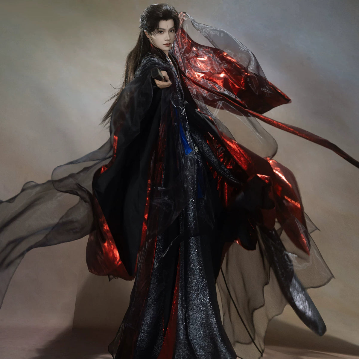 Black and red layered wuxia robe outfit — worn garment view 5