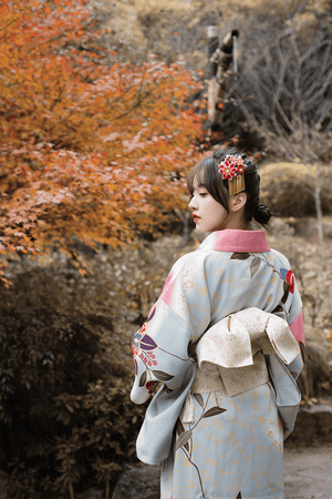 Back view of pink Japanese kimono with gold obi, surrounded by autumn scenery.