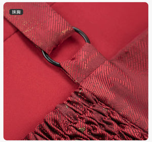 Adjustable strap and shirring detail on [Dan Que Acacia] New Chinese Style Red Wedding Dress bodice for secure fit.