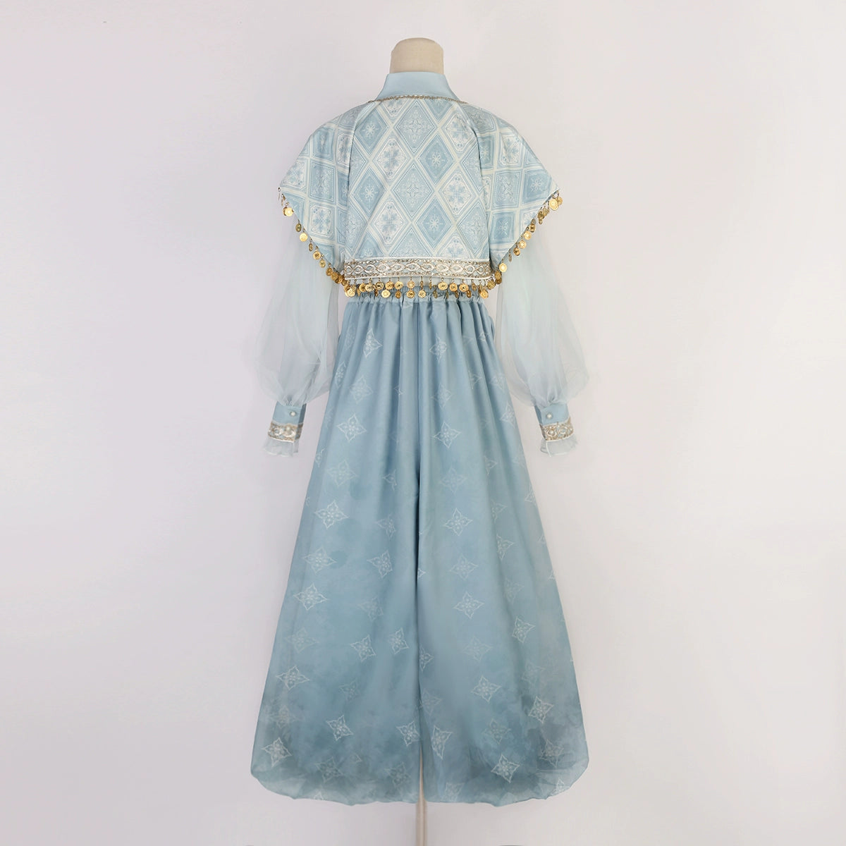 Back mannequin view of blue Hanfu Princess Jasmine suit by 【Cloud Traveler】, showing diamond pattern and gold trim.