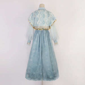 Back mannequin view of blue Hanfu Princess Jasmine suit by 【Cloud Traveler】, showing diamond pattern and gold trim.