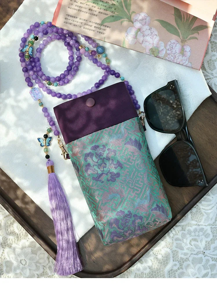 Floral Motif Bag | Color-Block Canvas Crossbody with Beaded Strap - Yandan_Hanfu