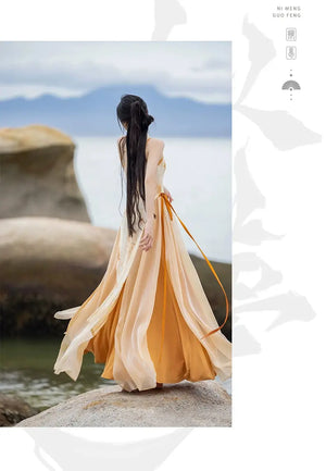 Back view of flowing cheongsam dress in nature