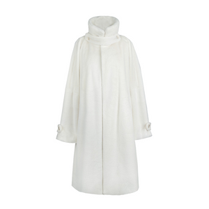 Standalone view of a white eco-friendly fur jacket with a high collar and button details, ideal for winter wear.