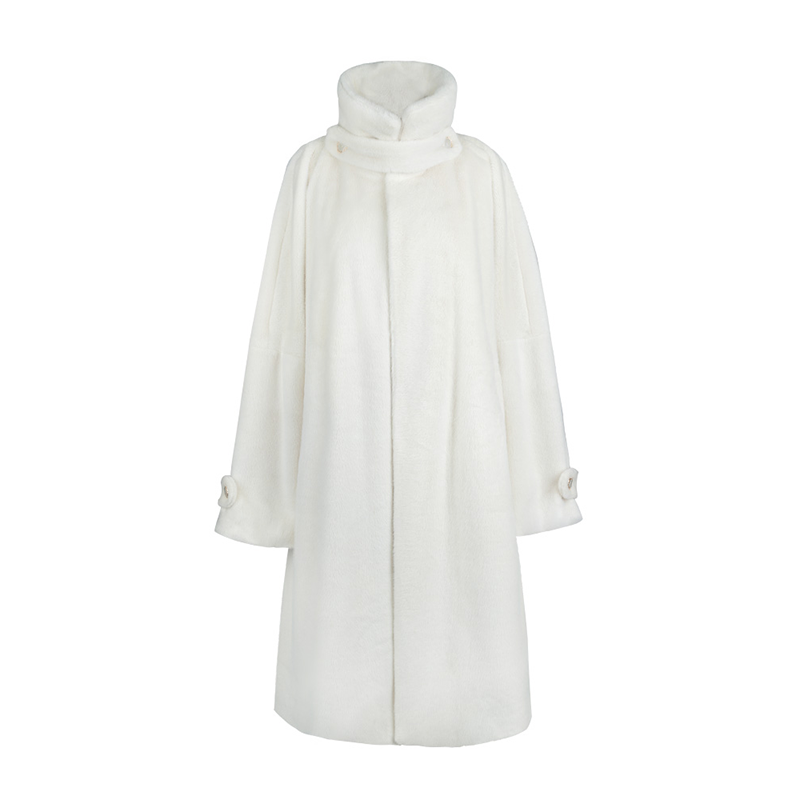 Standalone view of a white eco-friendly fur jacket with a high collar and button details, ideal for winter wear.