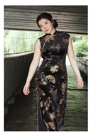Plus Size Sleeveless Qipao – New Chinese Style Vintage-Inspired Gold Foil Cheongsam for Women - Yandan_Hanfu