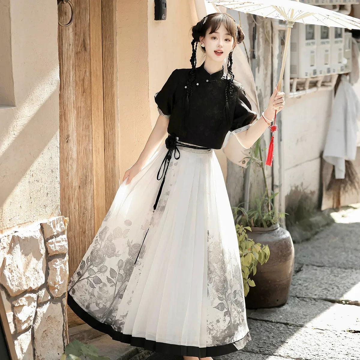 New Chinese style Black top shirt print skirt set spring and summer top + skirt / L New Chinese style Black top shirt print skirt set spring and summer top + skirt / L