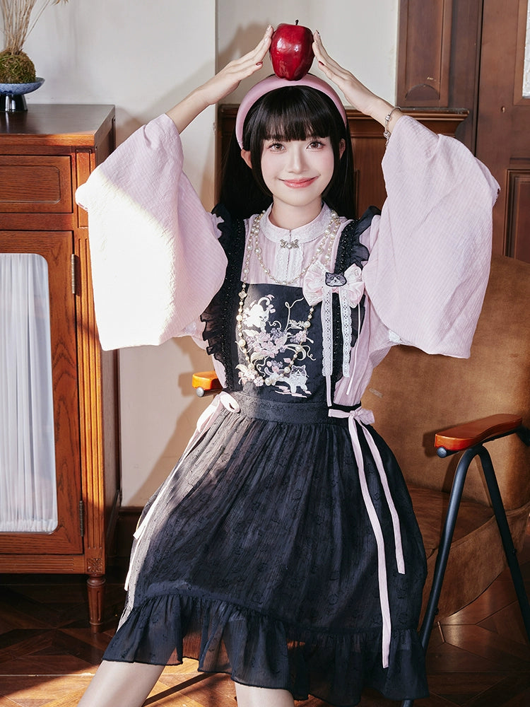 Sweet Rebel Cat – Modern Lolita Hanfu Women's Set | Mandarin Collar Long Robe with Sheer Overlay Skirt