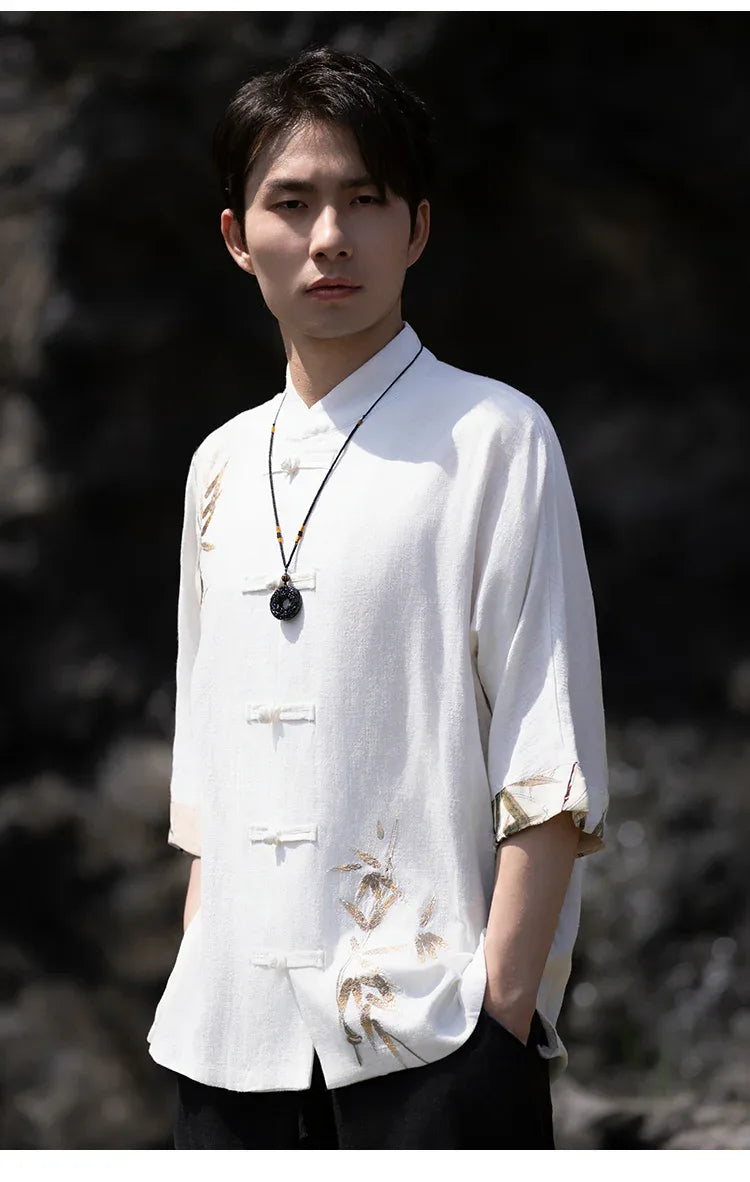 asian style dress shirts Men's Shirt Chinese Style Cotton Linen Short Sleeve Shirt National Men's Wear Retro Stand Collar Tang Suit Clothing Black S at Amazon Men's Clothing store