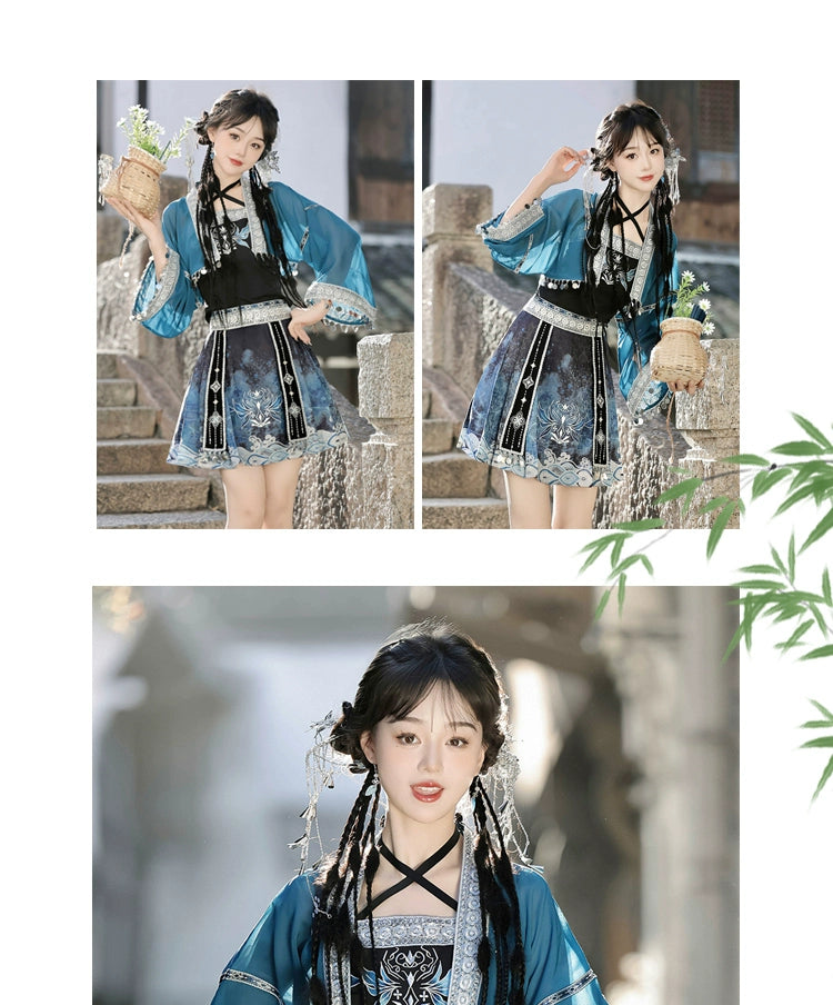 Silver Bell Hanfu Women's Han Element Improved Top Half Skirt Ancient Clothing Full Set Miao Xinjiang Exotic Style Daily