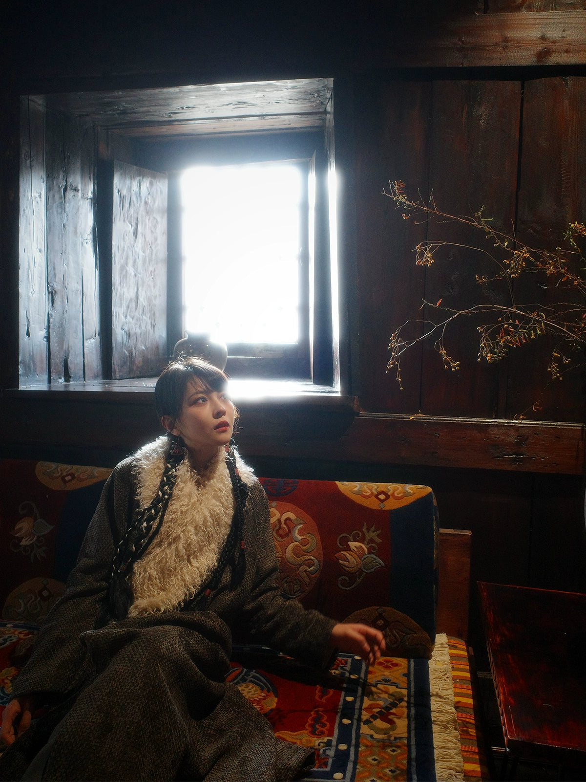 Trench Coat with Detachable Fur Collar | Reimagined Tibetan-Inspired Design