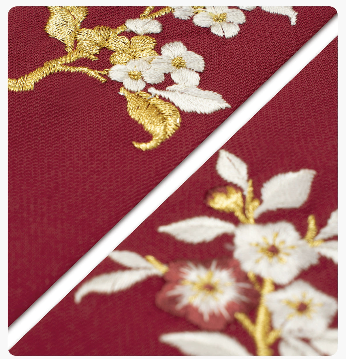 White and gold floral embroidery on red fabric of [Dan Que Acacia] New Chinese Style Red Wedding Dress close-up.