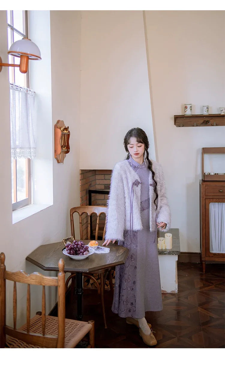 ''Falling Grace Lace Qipao Cheongsam Dress & Faux Fur Jacket Winte Blue Purple (Coat) / M ''Falling Grace Lace Qipao Cheongsam Dress & Faux Fur Jacket Winte Blue Purple (Coat) / M