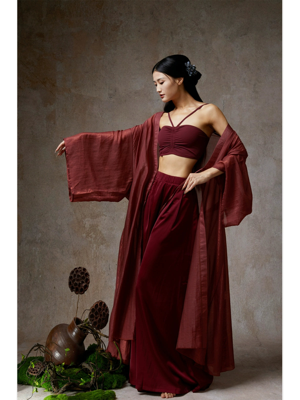 Elegant Wine Red Sheer Tencel Cardigan – Flowing Classical Dance Performance Outfit