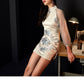 White Splicing sleeves slim-fitting split-ended jacquard short cheongsam skirt