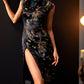 Black cheongsam with dragon and phoenix embroidery, showcasing a sexy thigh-high slit.