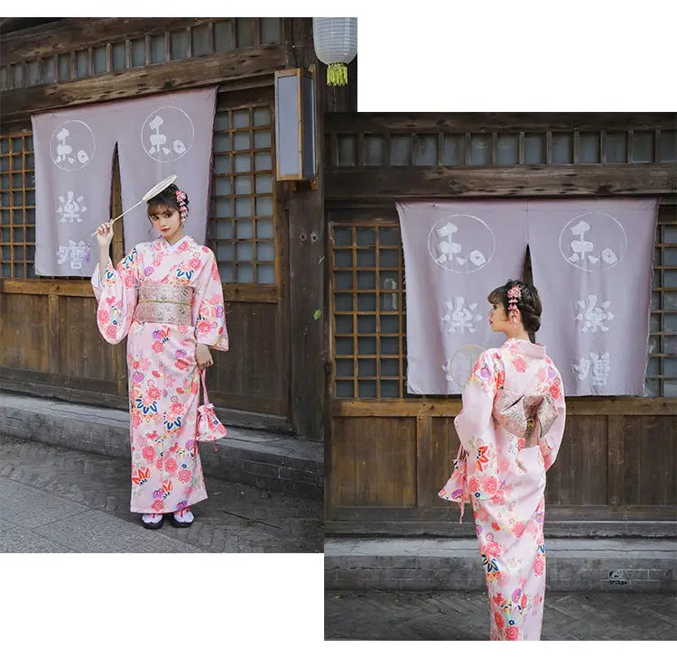 Two images of a woman in a pink floral kimono, showcasing front and back views with a traditional Japanese wooden structure in the background.