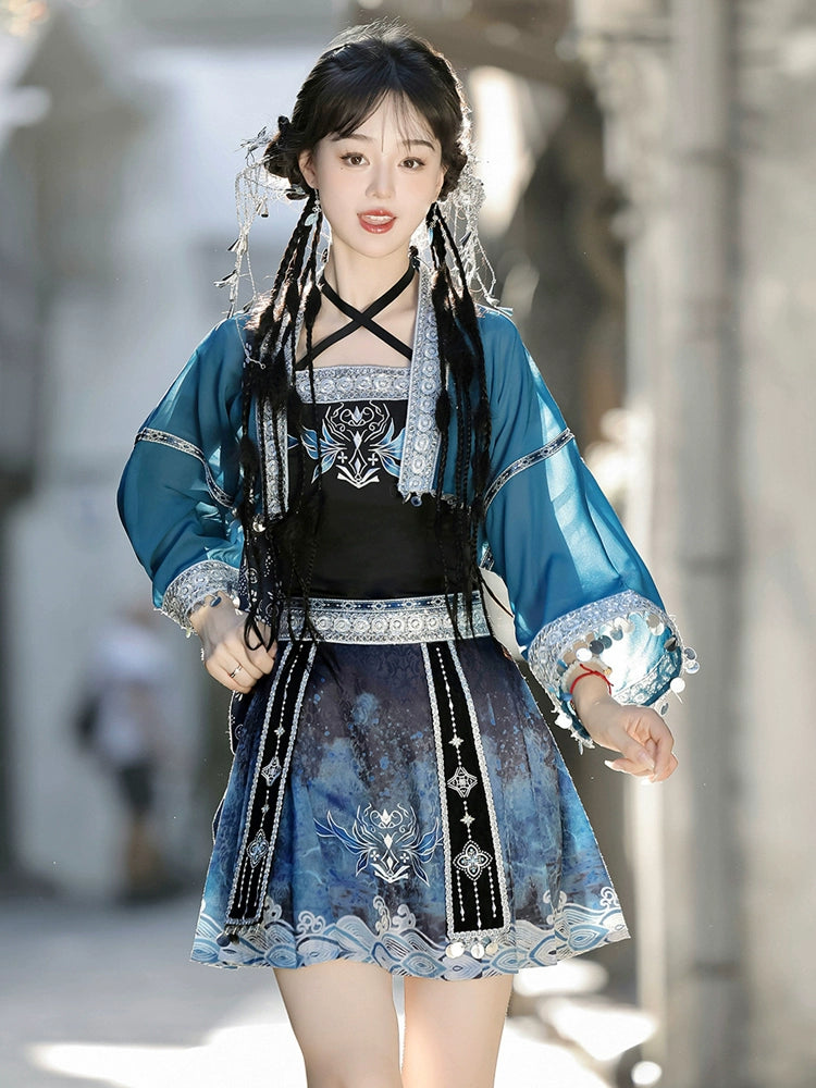 Silver Bell Hanfu Women's Han Element Improved Top Half Skirt Ancient Clothing Full Set Miao Xinjiang Exotic Style Daily