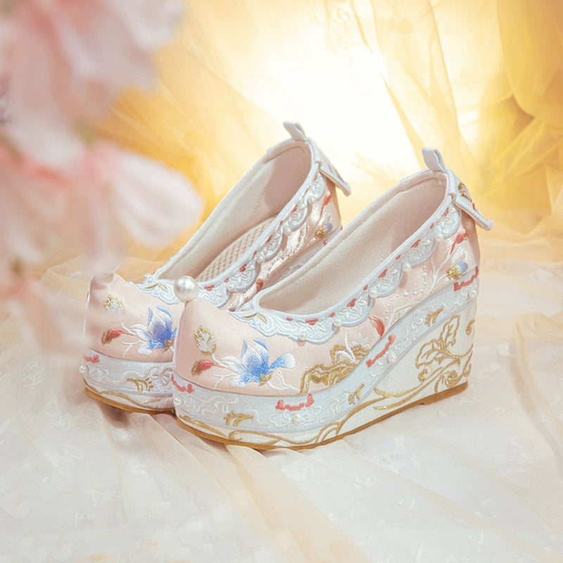 Hanfu Embroidered Heels – Women's Song-Style Qipao Shoes with Pearl Detail & 10cm Lift