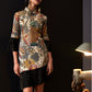 Retro cheongsam dress with jacquard floral patterns and velvet accents.