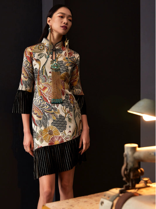 Retro cheongsam splicing velvet split jacquard dress