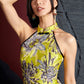 Jacquard gold yellow dyed bamboo sleeveless medium and long cheongsam