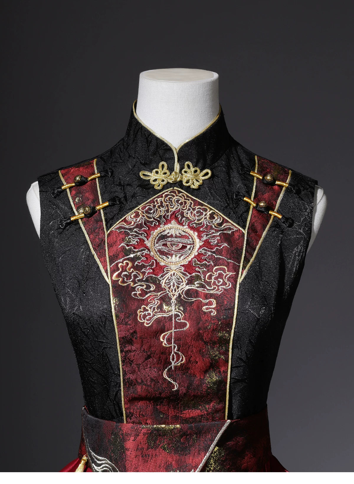 Standing collar and brocade chest panel closeup