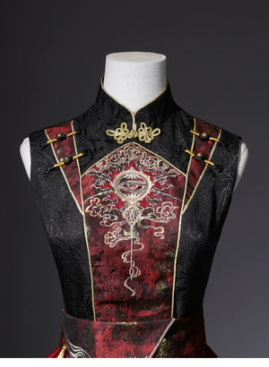 Standing collar and brocade chest panel closeup