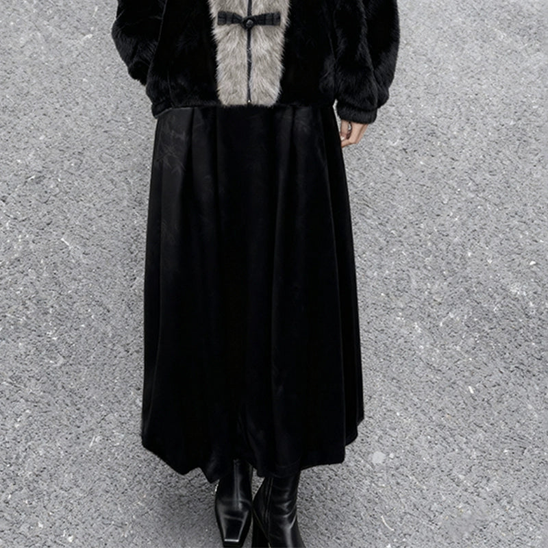 Grey-Black Faux Fur Chinese Coat Set | Bamboo Leaf Velvet Skirt | Traditional Hanfu Winter Outfit