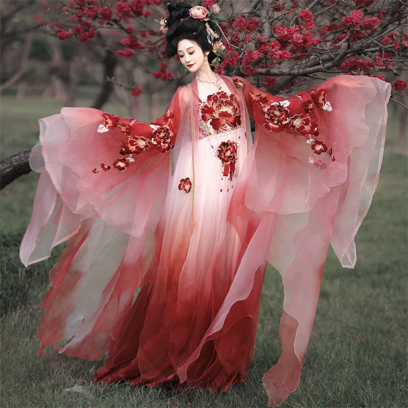 Hanfu Dress Set | Red & White Gradient Wide Sleeve Robe with 3D Floral Embroidery | 2 Colors