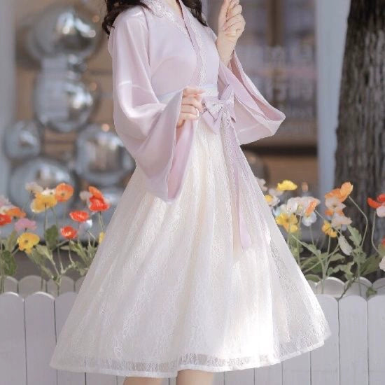 Side view of Pink Modern Hanfu Dress with lace skirt, styled for spring with soft pastel tones and elegant silhouette.