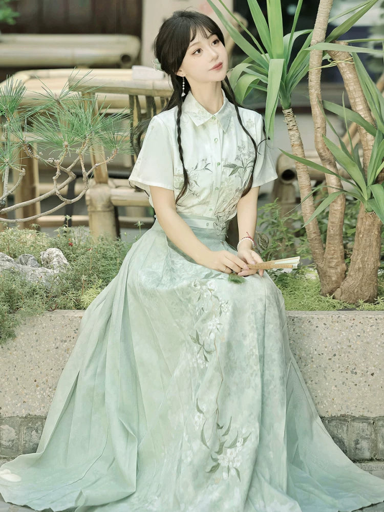 Green Hanfu female Han element suit summer short-sleeved shirt horse skirt daily national style new Chinese design sense