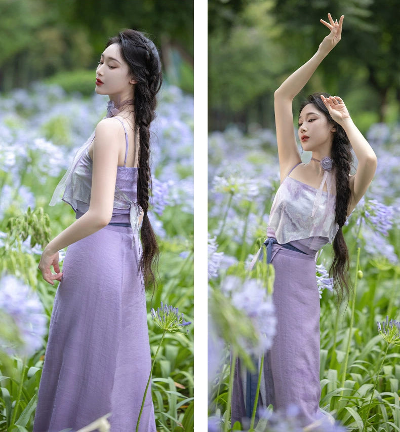 Monet Garden Pink Purple Oil Painting Sense Song Dress