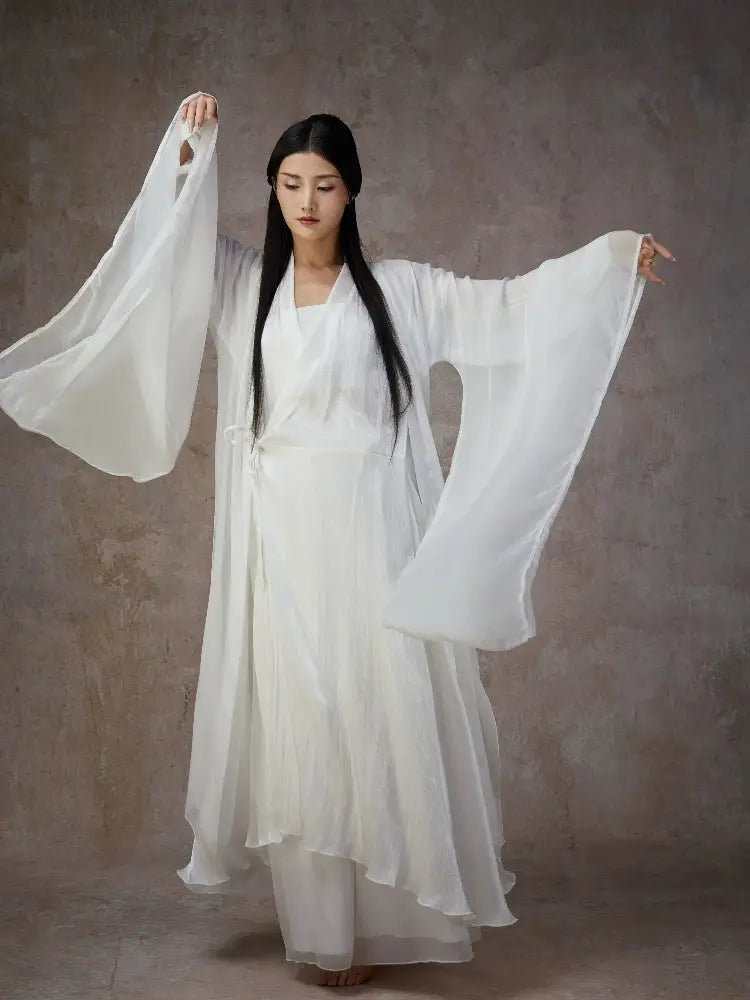 Graceful White Wide-Sleeve Chiffon Hanfu – Classical & Jazz Fusion Dance Dress