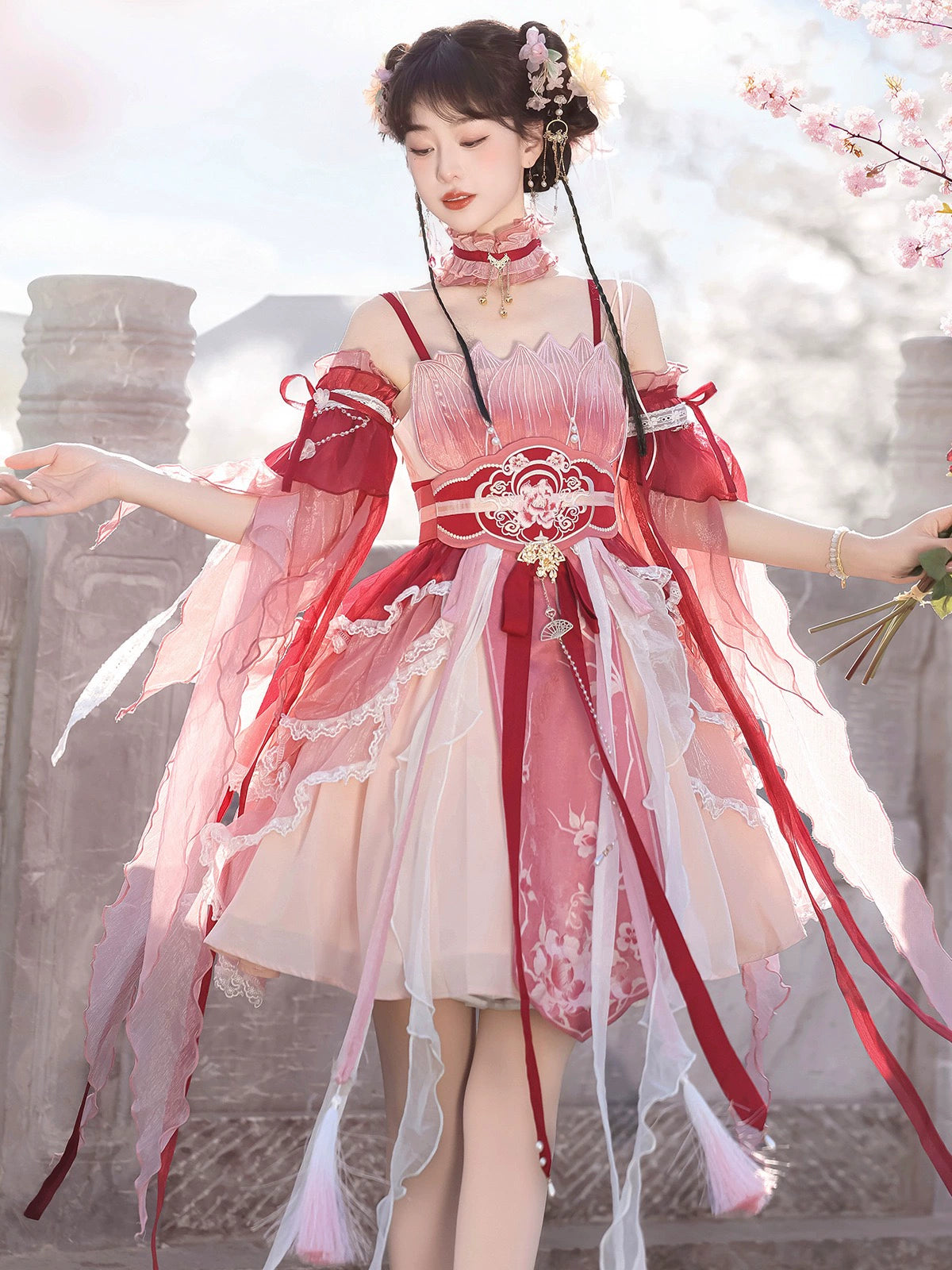 Front view of Red Hanfu Dress New Chinese Feather Rust Waist Seal Suspender Skirt with layered skirt and floral embroidery.