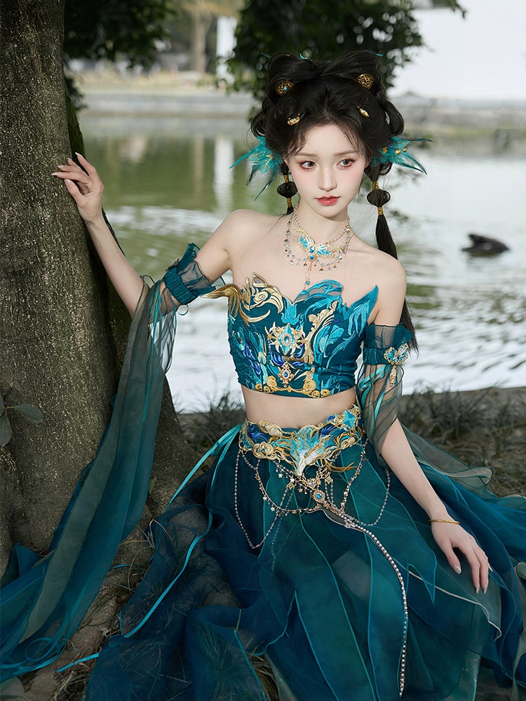 Elegant Blue Hanfu cosplay dress with butterfly motifs, detailed embroidery, and layered skirt, ideal for fantasy-themed costume events.