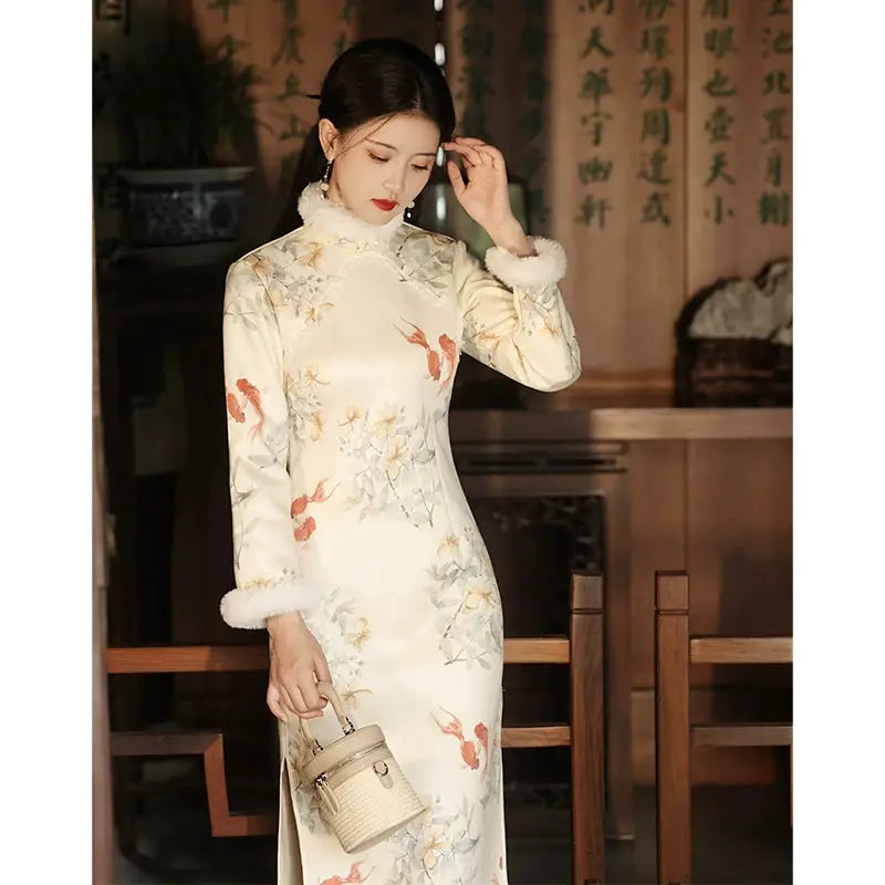 Elegant 2-piece cheongsam featuring a casual cheongsam style and A-line silhouette. This cheongsam casual design includes a vibrant cheongsam yellow halter neckline and flowing cheongsam skirt, making it ideal for weddings, evening events, or everyday wear. Crafted from premium cheongsam cotton and breathable cheongsam fabric, this long cheongsam dress offers both comfort and sophistication.