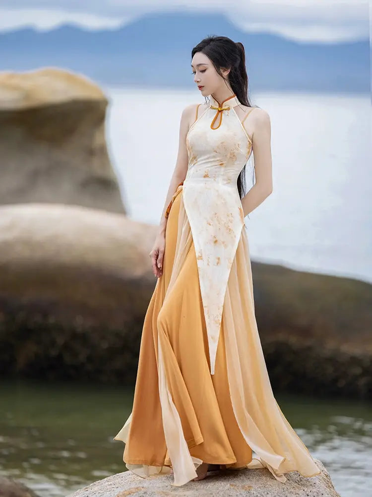 Model in a stylish cheongsam dress on rocky shore